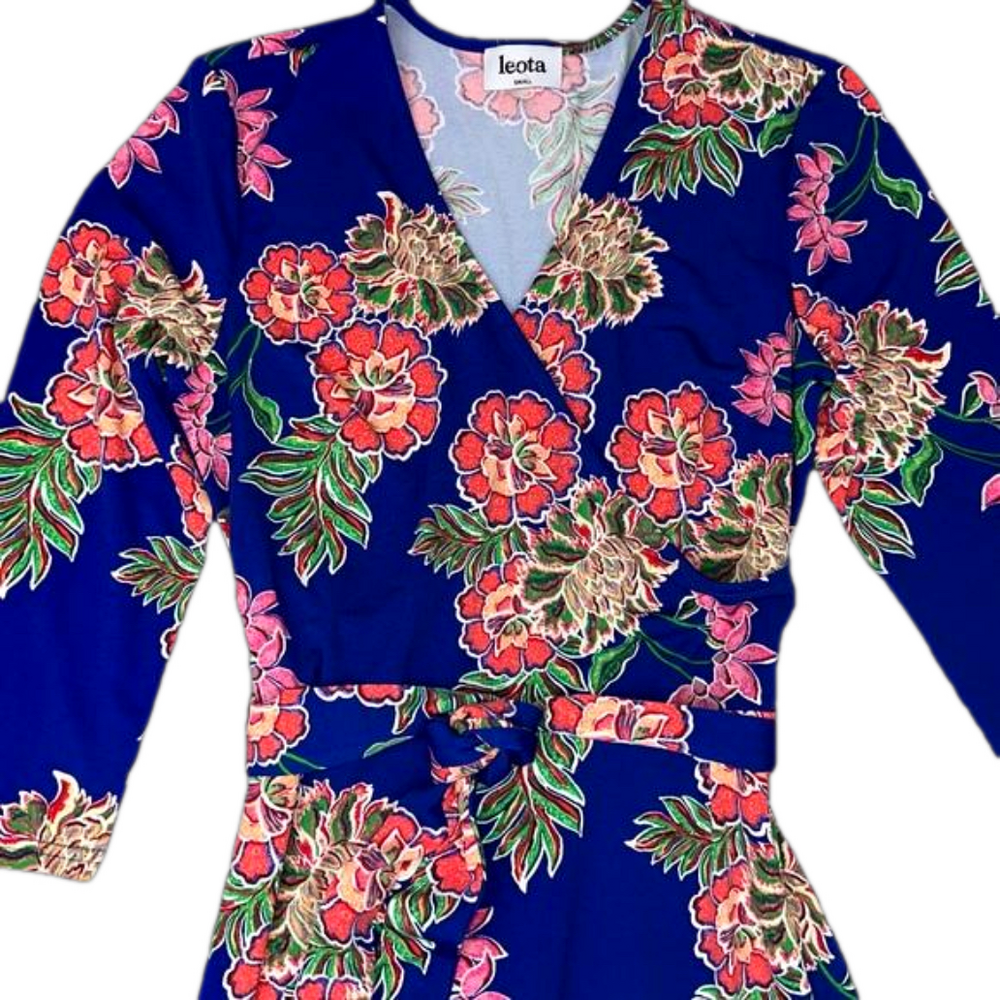 NWOT LEOTA The Perfect Wrap midi dress blue colorful floral women’s size small - Picture 5 of 9